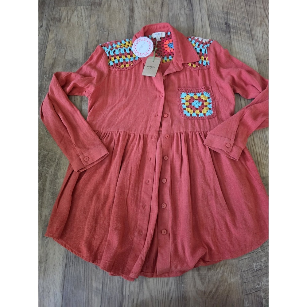 NWT Umgee S Oversized Crochet Granny Square Top Button Up Cotton Hippie Boho